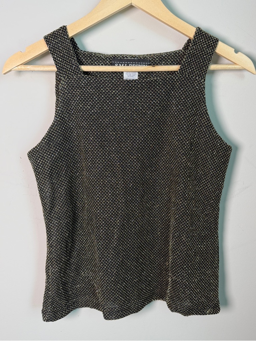 Vintage S.M.L Design Black Gold Metallic Knit Tank Top Size Small Vintage 90s
